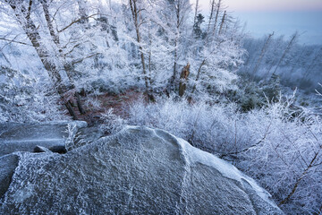 Frozen stone on foreground with frost on trees on background, wide angle view of winter landscape