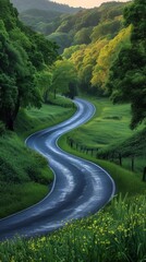 Pathway Through Paradise: A Winding Road Meanders Through Lush Green Hills, Inviting a Journey into Nature's Embrac, Generative AI