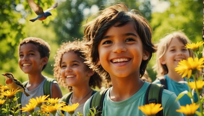Happy children in their early teens enjoy nature, the forest and meadows and discover nature with birds and the wealth of nature in all its beauty in midsummer