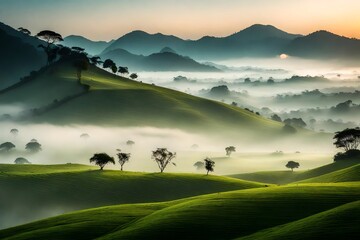 A serene landscape of rolling hills in Kerala, veiled in early morning mist. The foreground showcases dew-covered grass, leading to misty mountains under a soft dawn sky.
