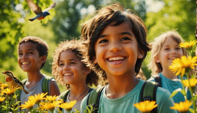 Happy Children In Their Early Teens Enjoy Nature, The Forest And Meadows And Discover Nature With Birds And The Wealth Of Nature In All Its Beauty In Midsummer