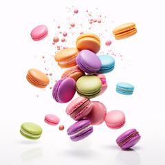 a group of colorful macaroons falling