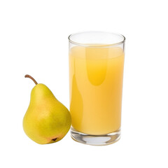 glass of 100% fresh organic danjou pear juice with sacs and sliced fruits png isolated on white background with clipping path. selective focus