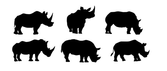 Set of rhino silhouette vector, rhinoceros silhouette - obrazy, fototapety, plakaty
