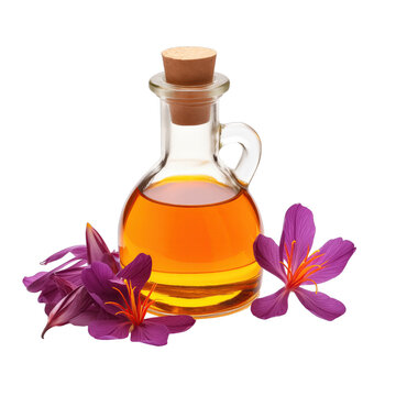 fresh raw organic saffron oil in glass bowl png isolated on white background with clipping path. natural organic dripping serum herbal medicine rich of vitamins concept. selective focus