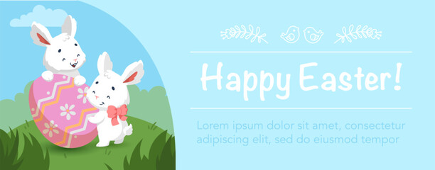 Happy easter card with cute white bunnies and easter egg on a green meadow. Cartoon character rabbit.