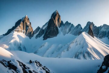 A breathtaking view of a high mountain peak bathed in the soft light of early morning, showcasing the beauty of the natural landscape.