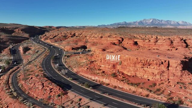 Aerial Dixie highway Pioneer Park St George Utah red rock 2. Southwestern desert. Geological landscape erosion. Hiking, rock climbing, picnic and exploring in canyons. Hiking and nature travel. 