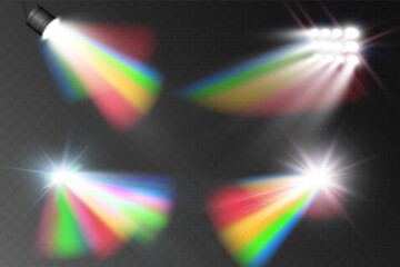 Rainbow spotlight. Light beams spectrum,vector lens flare effect. Magic rainbow shine glare or realistic spotlight.Rainbow colors gradient.
