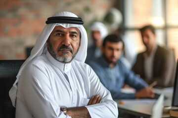 Middle aged businessman Arabic sheikh in office with business partners