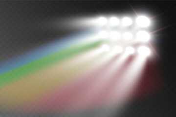 Rainbow spotlight. Light beams spectrum,vector lens flare effect. Magic rainbow shine glare or realistic spotlight.Rainbow colors gradient.
