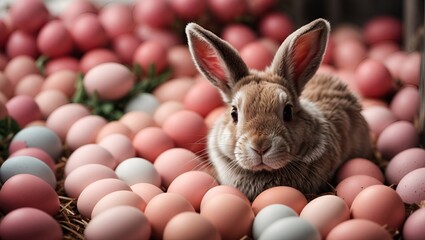 An Easter bunny amid vibrantly colored eggs creates a whimsical tableau, radiating festive cheer and the joy of springtime celebrations.