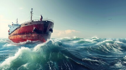 Large cargo ship sailing in stormy sea - obrazy, fototapety, plakaty