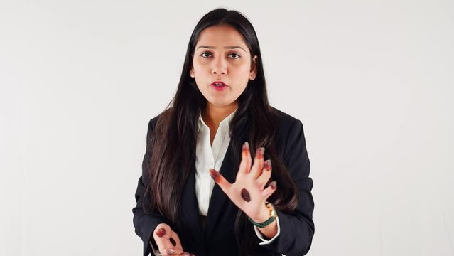 Confident businesswoman talking communication and t v anchoring against a white background