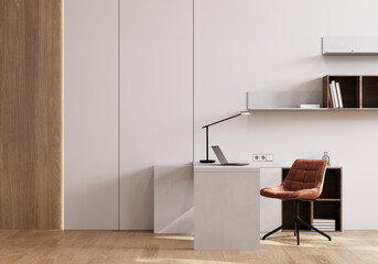 Modern minimalistic home office workplace with PC and peach chair, 3d rendering