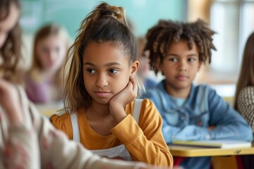 Obraz premium A curious young girl, dressed in her school uniform, attentively sits at a shared table in a bustling state school classroom, eager to absorb knowledge and engage with her fellow students