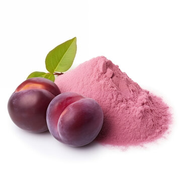 close up pile of finely dry organic fresh raw japanese plum powder isolated on white background. bright colored heaps of herbal, spice or seasoning recipes clipping path. selective focus