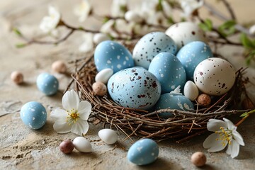 Naklejka na ściany i meble Easter eggs with sweets and flowers on beige. Happy Easter concept. White and blue eggs and cute nest with candy