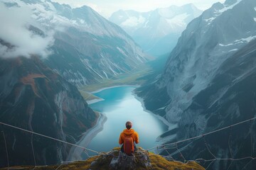 Amidst the foggy alps, a solitary figure perched on a rock gazes at the majestic river below, lost in the beauty and serenity of the rugged landscape - obrazy, fototapety, plakaty