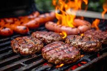 Sizzling meats and savory aromas fill the air as a grill master expertly cooks a mouthwatering mix of hamburgers, hot dogs, and other bbq favorites over a blazing charcoal fire