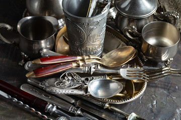 Antique silver tableware for dining room