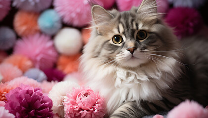 Cute kitten sitting, looking at camera, surrounded by flowers generated by AI