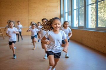 A lively group of children, dressed in sporty clothing and footwear, can be seen running and playing in an indoor room with a wall covered in vibrant murals, showcasing their human faces full of joy 