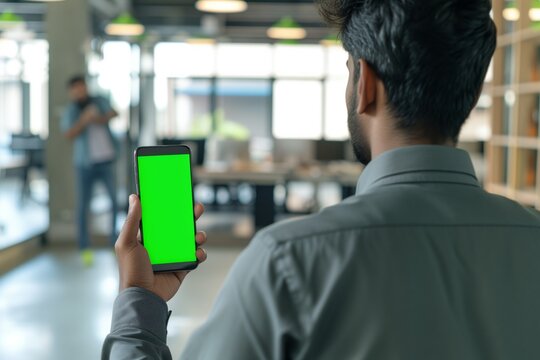Professional on the Go: Man Holding Smartphone with Green Screen in Modern Office Environment