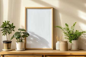 Blank frame mockup on light beige wall and a wooden shelf with potted houseplants