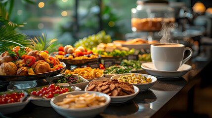 Wonderful breakfast selection at a buffet with a cup of coffee in the foreground