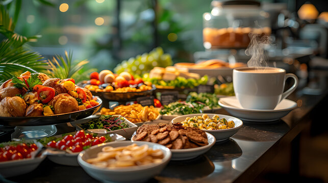 Wonderful breakfast selection at a buffet with a cup of coffee in the foreground