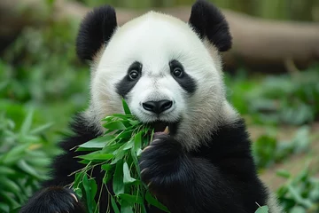 Foto op Plexiglas A majestic giant panda indulging in its favorite meal of fresh green leaves, showcasing the grace and beauty of this beloved terrestrial animal in its natural outdoor habitat © Pinklife