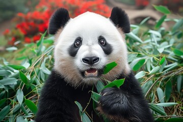 Fototapeta premium A majestic giant panda, with its snout covered in leaves, peacefully indulges in a meal among the lush greenery of its natural forest habitat