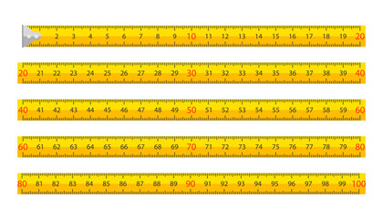 Metal yellow construction measuring tape, measuring tool vector meter isolated scale. Yellow ruler measure tape with scale.