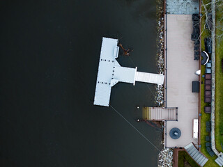 A top-down of a dock on the water