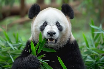 A majestic giant panda indulging in its favorite meal of bamboo leaves, blending seamlessly with the lush greenery of its natural habitat