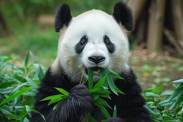 A majestic giant panda indulging in a peaceful feast of lush green leaves amidst the serene beauty...