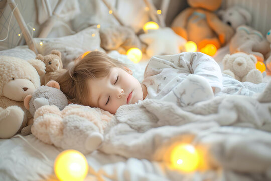 Adorable child sleeping soundly in a cozy bed surrounded by stuffed animals. Child sleeping on a bed. World Sleep Day