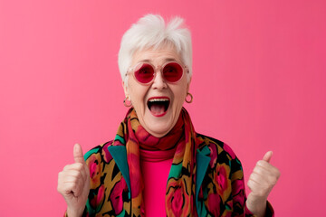 70 years old woman with short white hair, laughing happily on pink background,