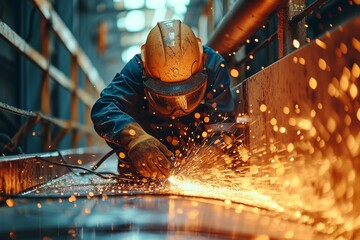 A bluecollar worker in a metalworking factory, protected by a hard hat and goggles, expertly uses a grinder to shape and mold pieces of metal while water from nearby machinery glistens in the backgro