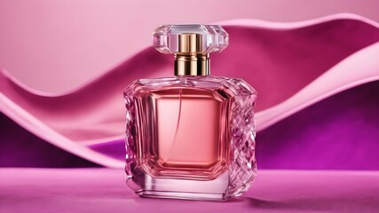 Obraz na płótnie Canvas image of a pink perfume bottle on a blurred purple background for advertising