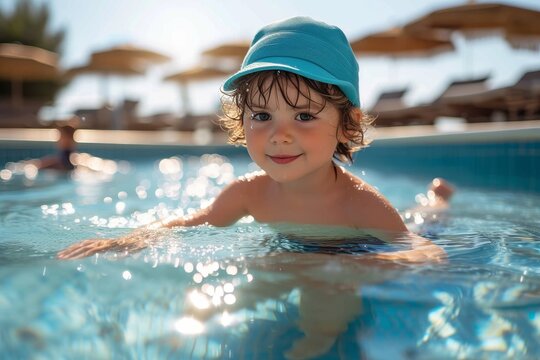 A young child happily splashes in the cool water of an outdoor swimming pool, their face beaming with joy as they play in the summer sun with their hat on
