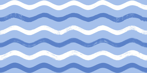 Seamless Wave Pattern, Hand drawn water sea vector background. Wavy beach print, curly grunge paint lines, watercolor