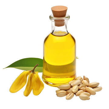 fresh raw organic sesbania oil in glass bowl png isolated on white background with clipping path. natural organic dripping serum herbal medicine rich of vitamins concept. selective focus