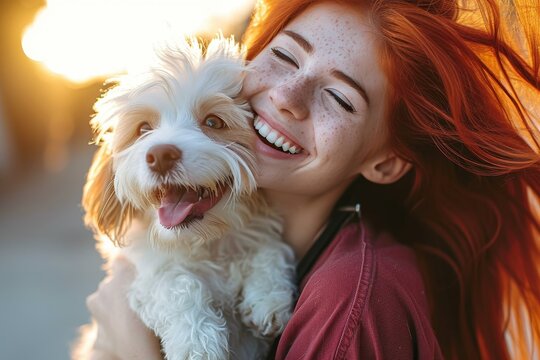 A cheerful woman beams with joy as she cradles her adorable poodle crossbreed, her loyal and lovable companion by her side in a peaceful outdoor setting