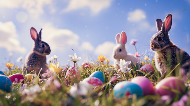 Adorable Scene with Easter Bunnies Hopping: Playful Spring Delight