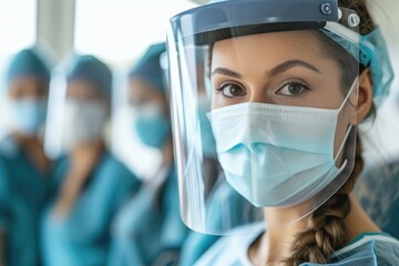Fototapeta na wymiar A woman nurse wearing protective facial mask and face shield standing with colleagues in hospital