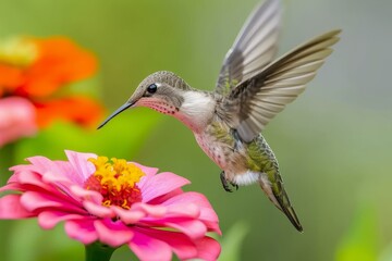 Fototapeta premium A vibrant rufous hummingbird gracefully flits near a rubythroated flower, its delicate wings and colorful feathers making it a mesmerizing pollinator in the natural world