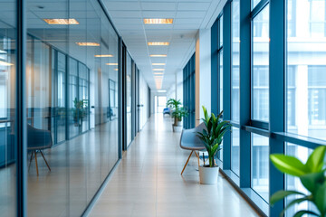 Nice modern office with beautiful long office corridor with defocused room background
