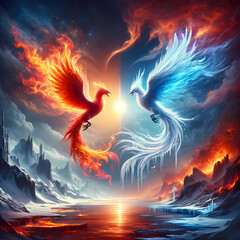 Encounter between a fire and ice phoenix, both with their own landscape